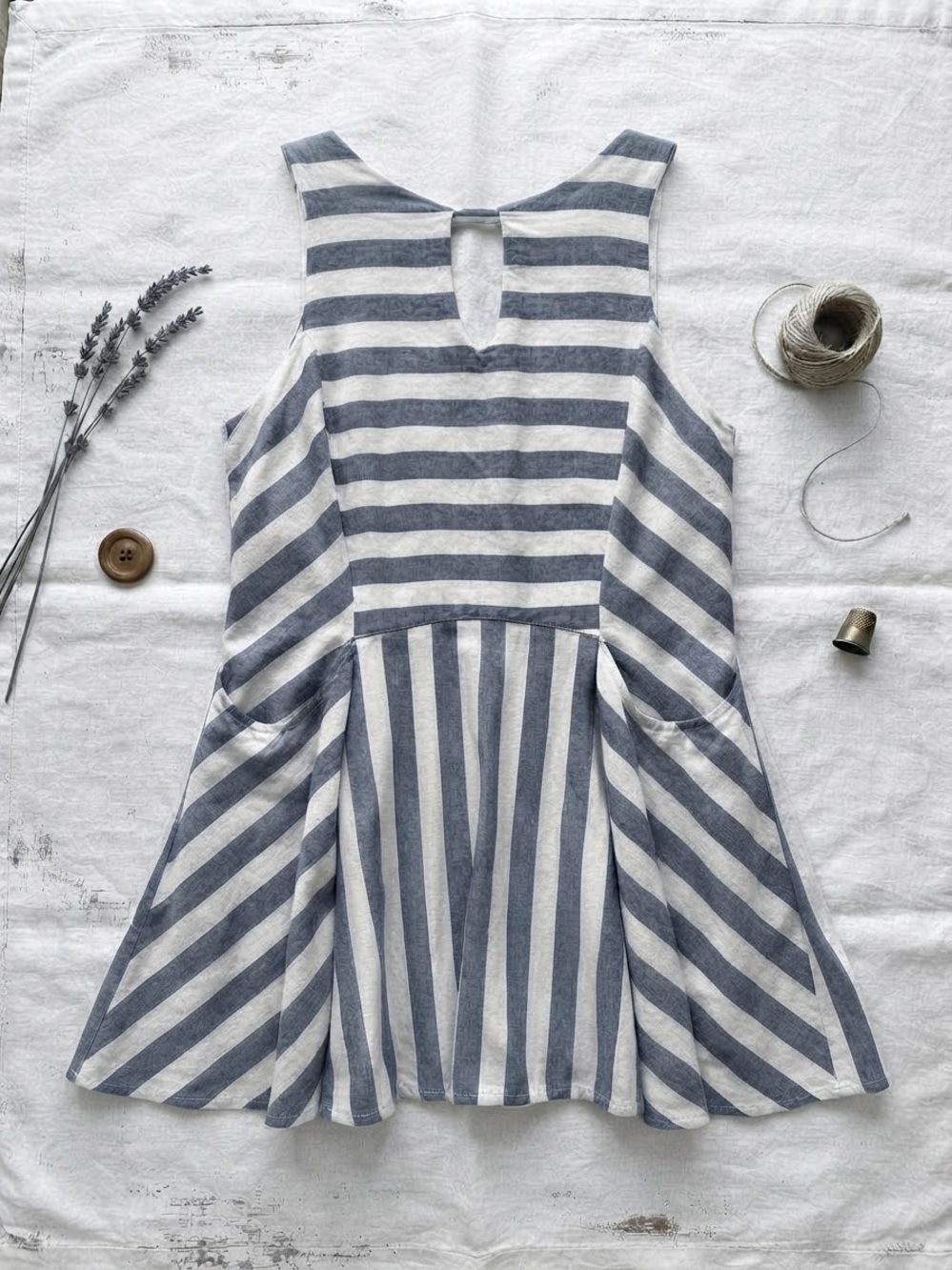 She + Sky Coastal Blue Gray Striped Pocket Mini Dress Medium Sleeveless Sun Boho
